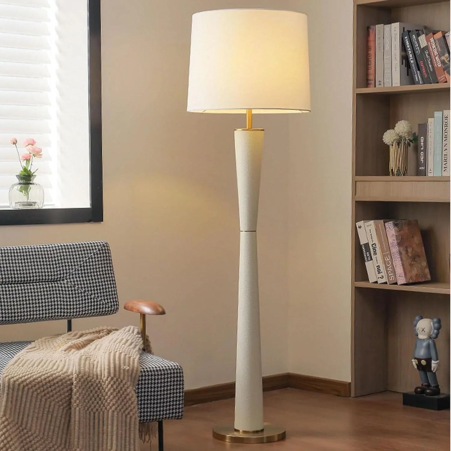 Audara-Scandinavian Modern Bookshelf Side Bedroom Bedside Floor Lamp Remote Control Dimming Timing Handmade Fabric Standing Lamp H61.4’ Office Living Room Torchiere Library Decorative Lighting Fixture
