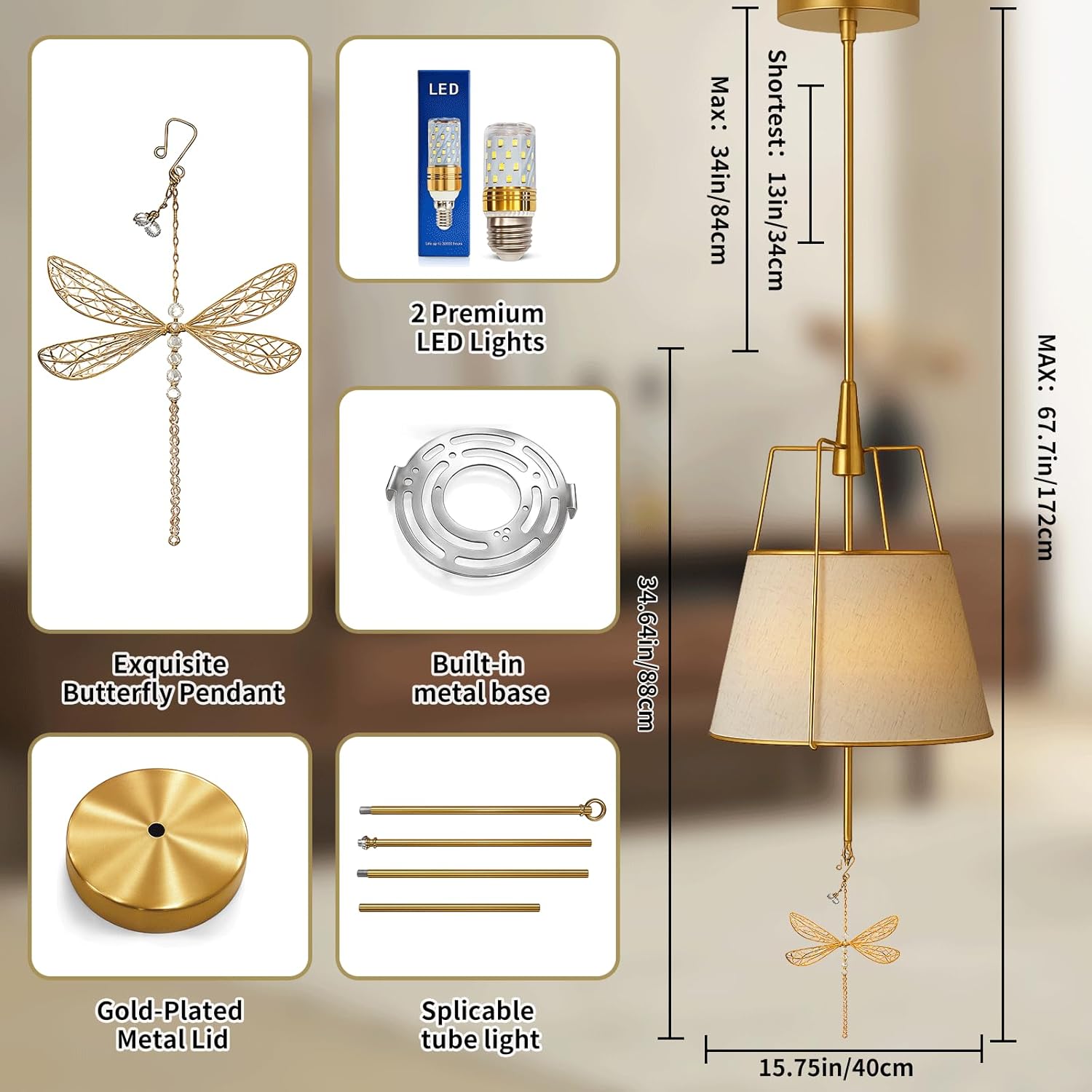 Lustre Tambour Audara-D16in avec Décoration Libellule, Suspension Luminaire Tambour en Lin avec Cadre Métallique, 3 Couleurs Gradables, Convient au Salon, à la Chambre et à la Salle à Manger