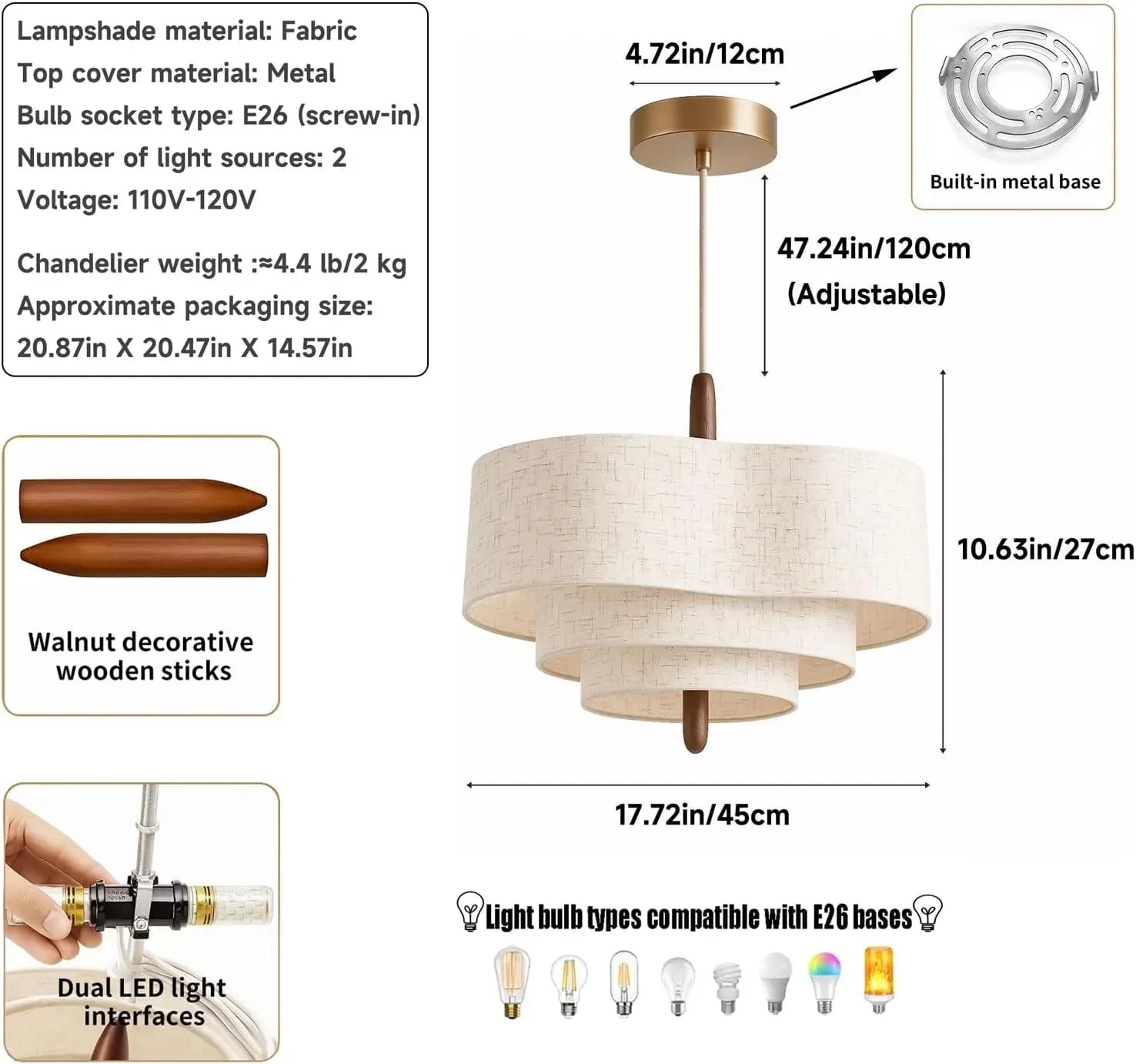 Audara 17.7" 3-Tier White Fabric LED Chandelier | Dimmable 3-Color Pendant Light | Boho Minimalist Hanging Lamp for Dining Room Bedroom