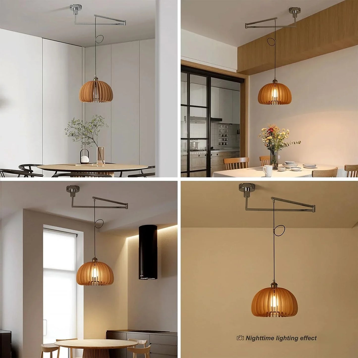 Audara-17 Inch Solid Wood Pumpkin Chandelier, Nordic Retro Pendant Light with 3-Color Dimmable LED and Adjustable Arm, Natural Wood Ceiling Light for Bedroom, Dining Room, and Kids Room