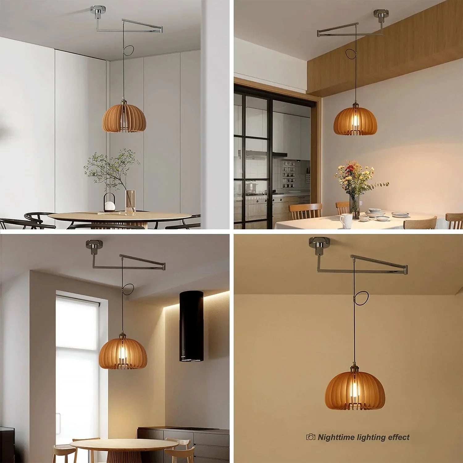 Audara-17 Inch Solid Wood Pumpkin Chandelier, Nordic Retro Pendant Light with 3-Color Dimmable LED and Adjustable Arm, Natural Wood Ceiling Light for Bedroom, Dining Room, and Kids Room
