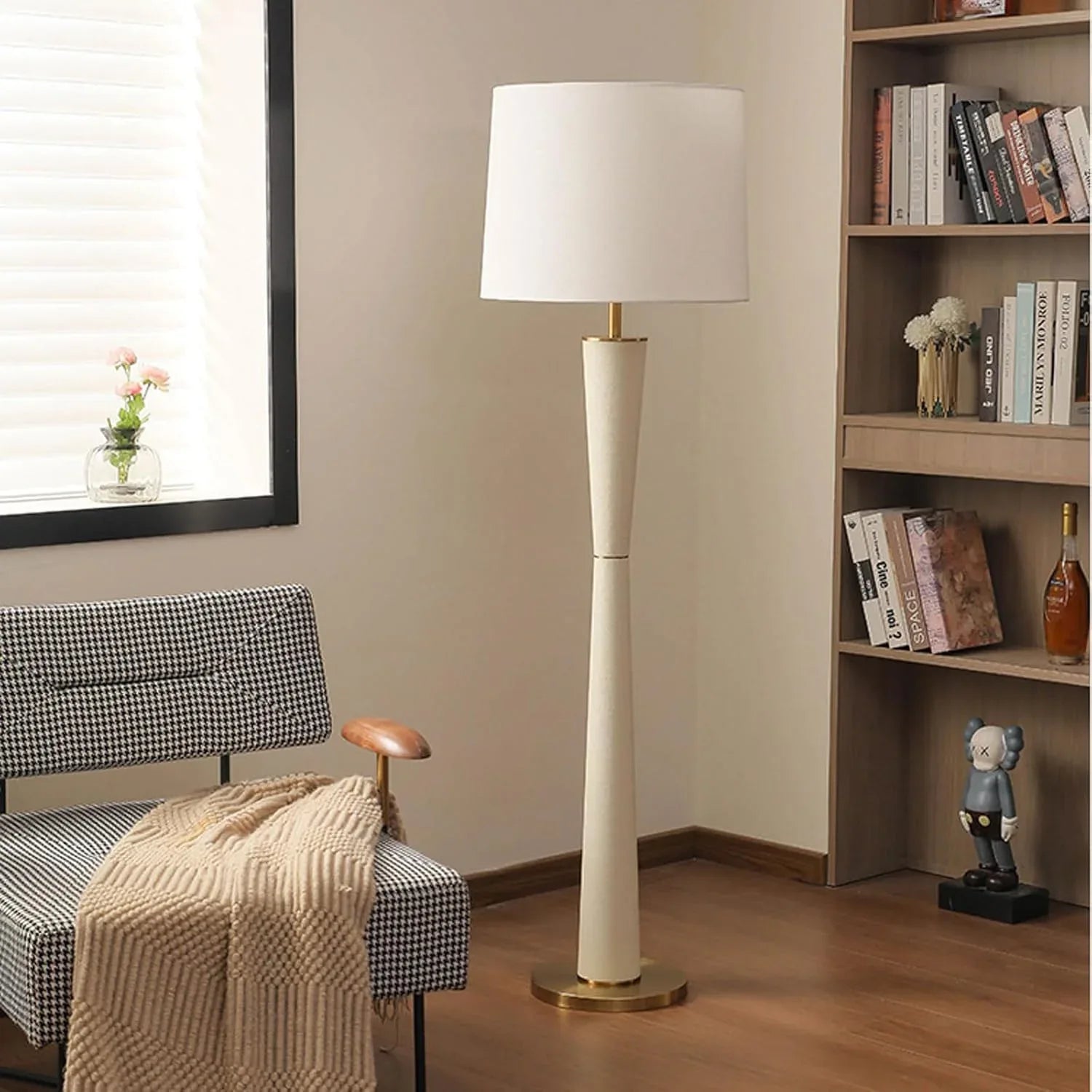 Audara-Scandinavian Modern Bookshelf Side Bedroom Bedside Floor Lamp Remote Control Dimming Timing Handmade Fabric Standing Lamp H61.4’ Office Living Room Torchiere Library Decorative Lighting Fixture