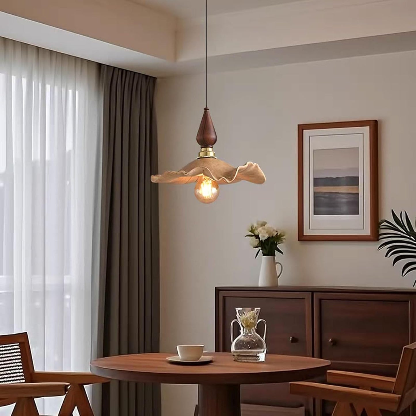 Audara-Wood Color Lotus Leaf Resin Pendant Light Gold Aluminum Body Bedroom Bedside Hanging Lamp 10.23in E27 Base Single Head Living Room Dining Chandeliers Cafe Lighting Fixtures