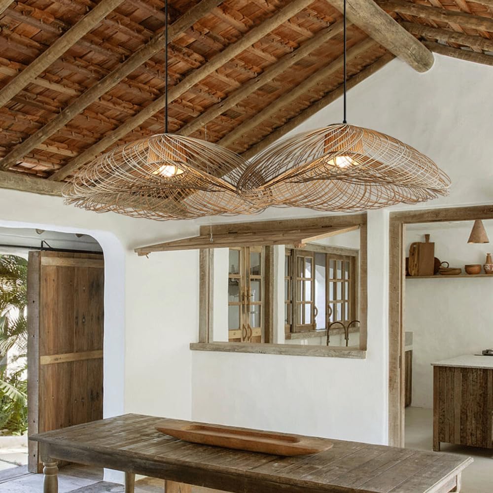 Audara-27in Woven Rattan Pendant Light Bohemian & Wabi-Sabi Style Multi-Functional Ceiling Light Fixture Suitable for Bedrooms, Hotels, Study Rooms, Dining Areas, Entryways & More Retro Lamp