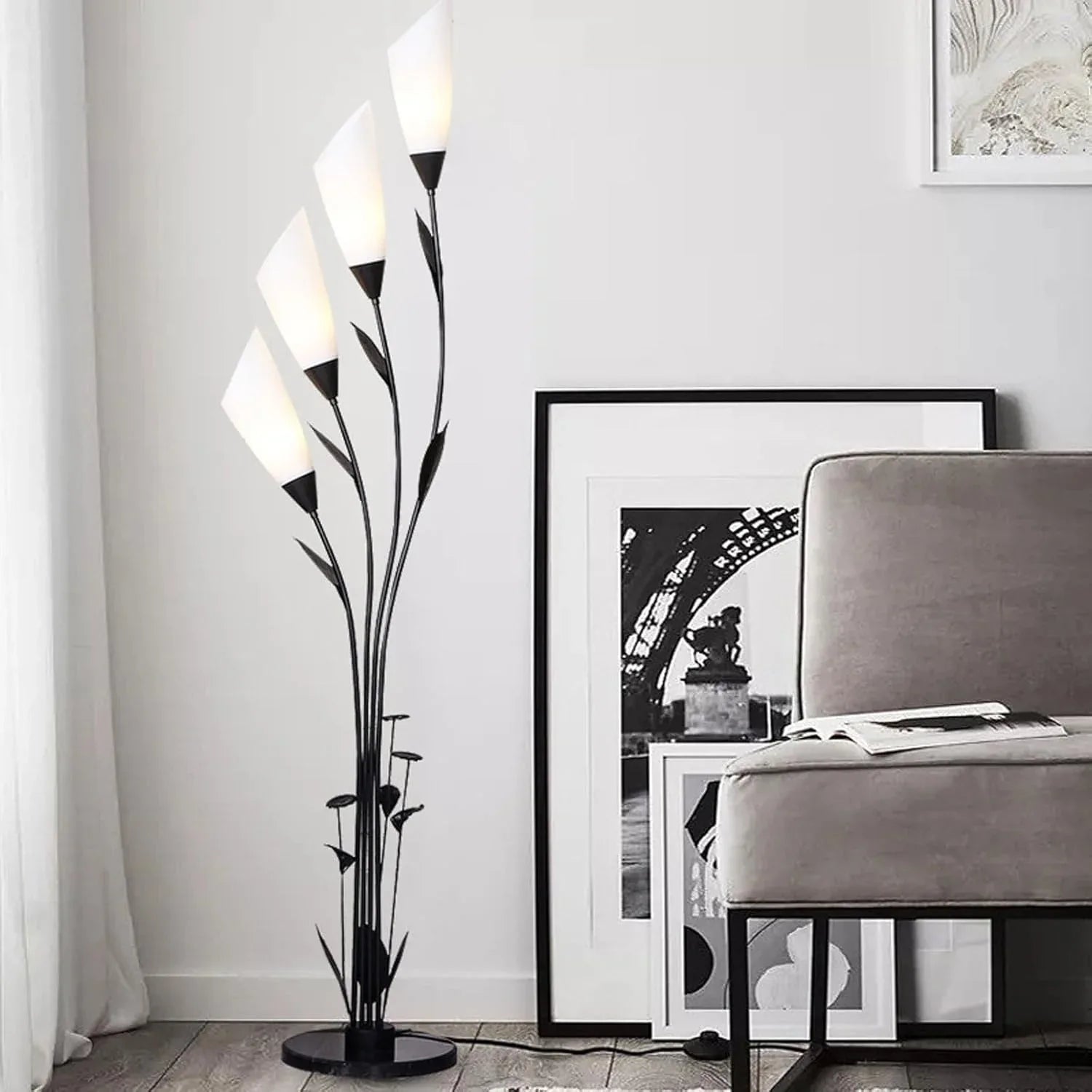 Audara-Creative 4 Light Source Flower Shape Living Room Floor Lamp H66.14in Black Metal Standing Lamp Study Office Sofa Beside Torchiere Bedroom Balcony Model HomeLighting Fixture