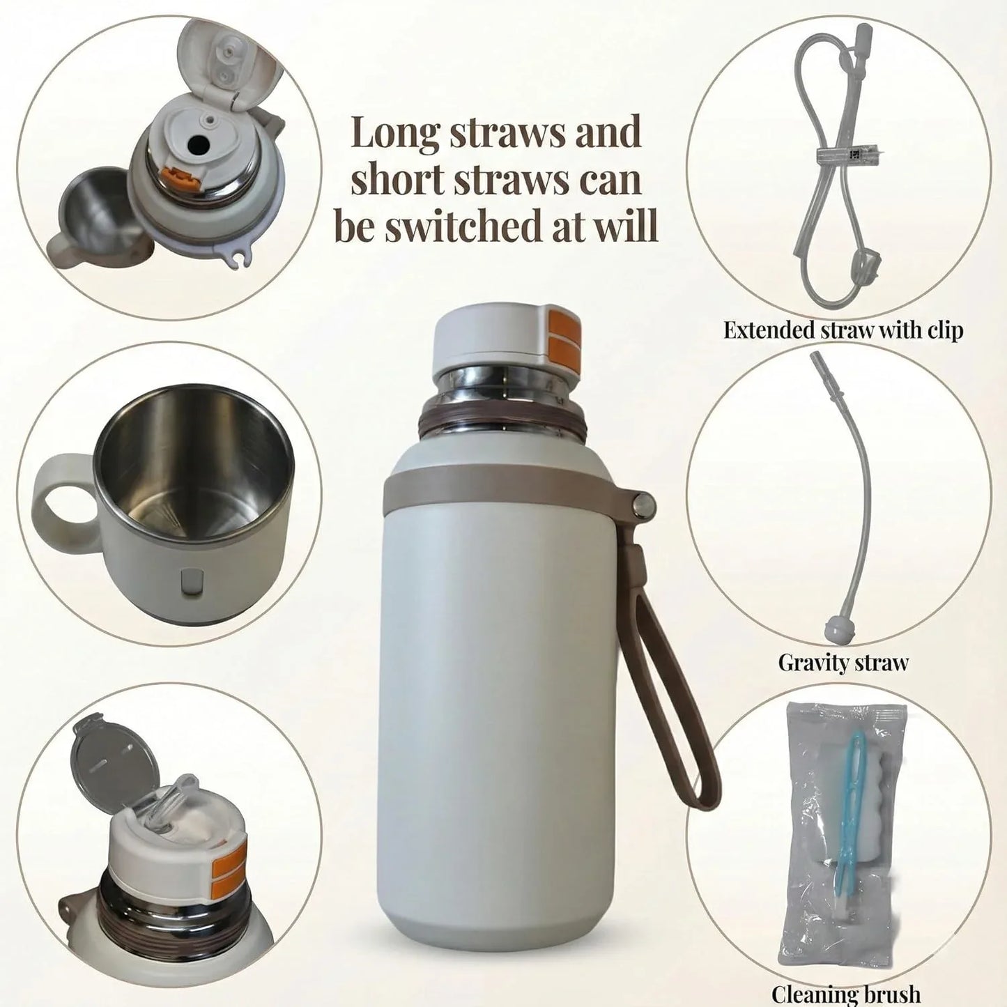 Audara-20 oz With Cup Lid Stainless Steel Vacuum Insulated Bottle,Extended Retractable Straw Travel Mug,Thermo Bottle For Hot Cold Drinks,Long-lasting Insulated Hands-free Water Bottle（Creamy White）