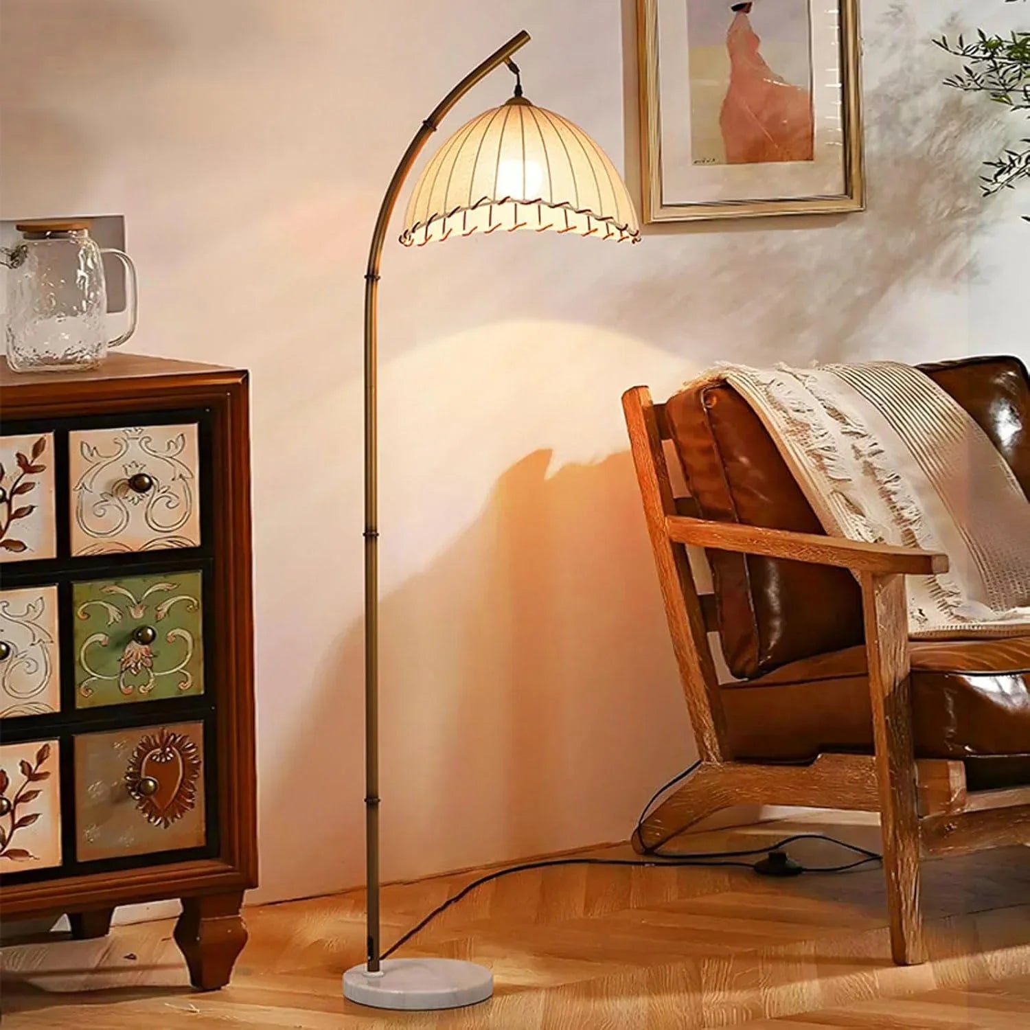 Audara-Vintage Nature B&B Farmhouse Rustic Floor Lamp H64” Handmade Fabric Metal Standing Lamp Remote Control Dimming E26 Single Light Source Living Room By Sofa Torchiere Bedroom Study Lighting Fixture