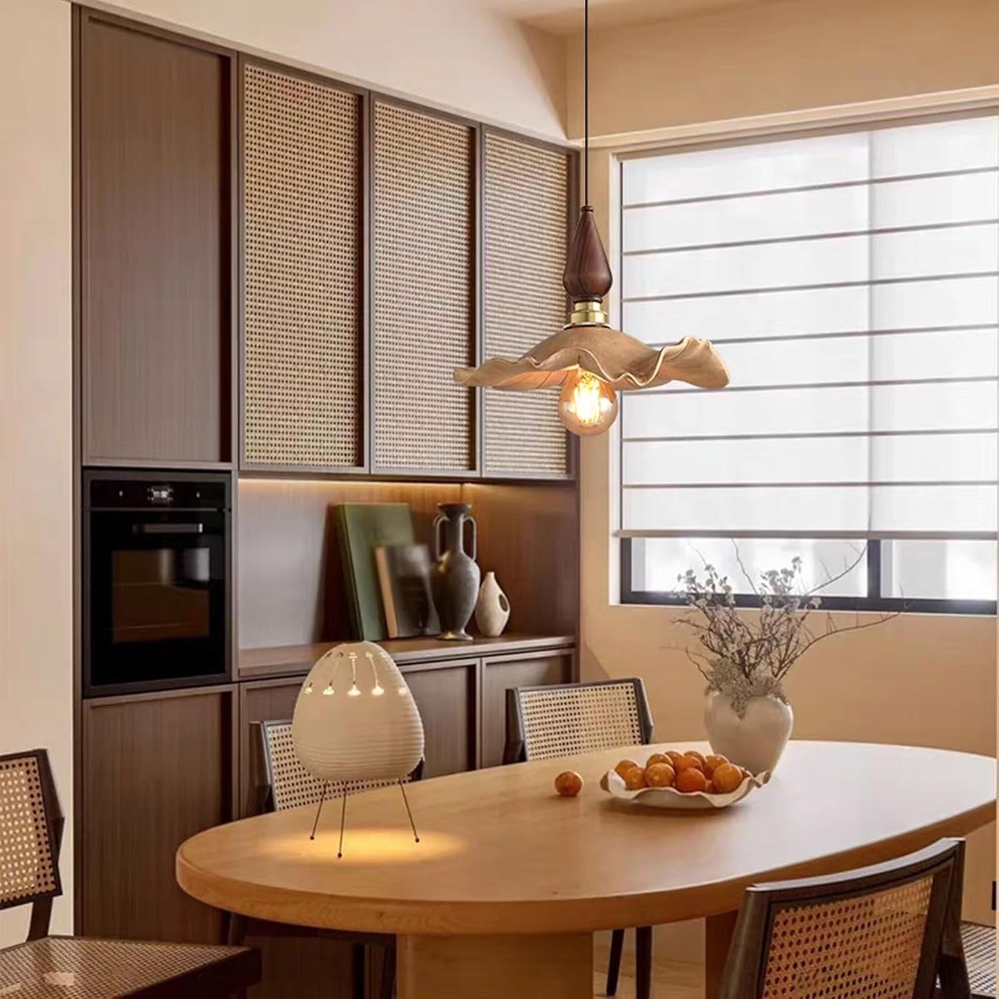 Audara-Wood Color Lotus Leaf Resin Pendant Light Gold Aluminum Body Bedroom Bedside Hanging Lamp 10.23in E27 Base Single Head Living Room Dining Chandeliers Cafe Lighting Fixtures