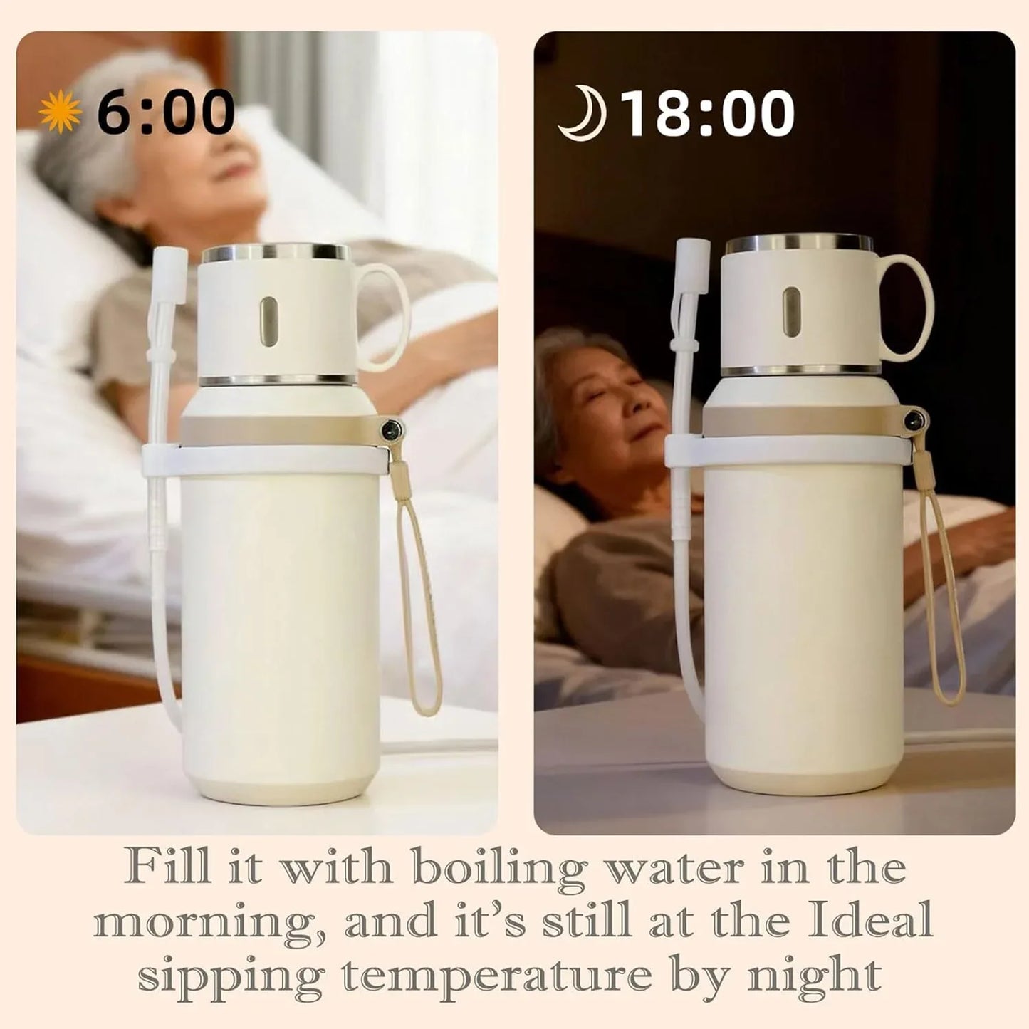 Audara-20 oz With Cup Lid Stainless Steel Vacuum Insulated Bottle,Extended Retractable Straw Travel Mug,Thermo Bottle For Hot Cold Drinks,Long-lasting Insulated Hands-free Water Bottle（Creamy White）