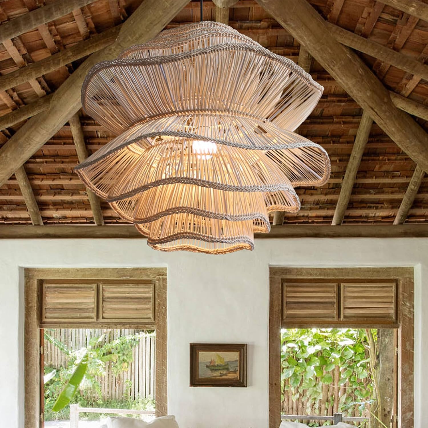 Suspension AudaraMedium, Lustre Japonais en Rotin à 3 Niveaux, Convient pour le Salon, le Couloir, la Ferme, la Maison de Plage, Éclairage Nouveau Chinois (D19.69in/50cm)