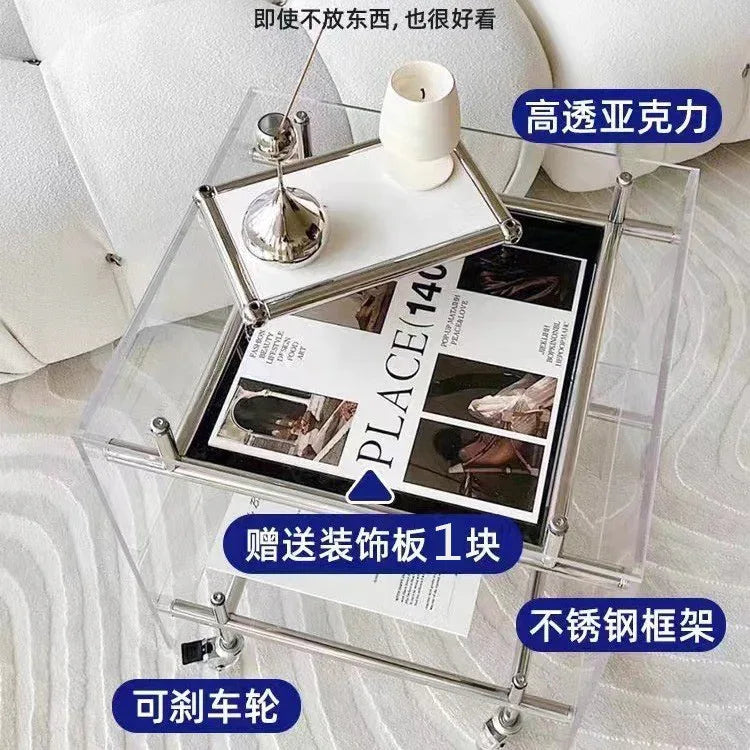 Audara-中古风亚克力不锈钢推车边几沙发透明置物架主卧可移动床头柜