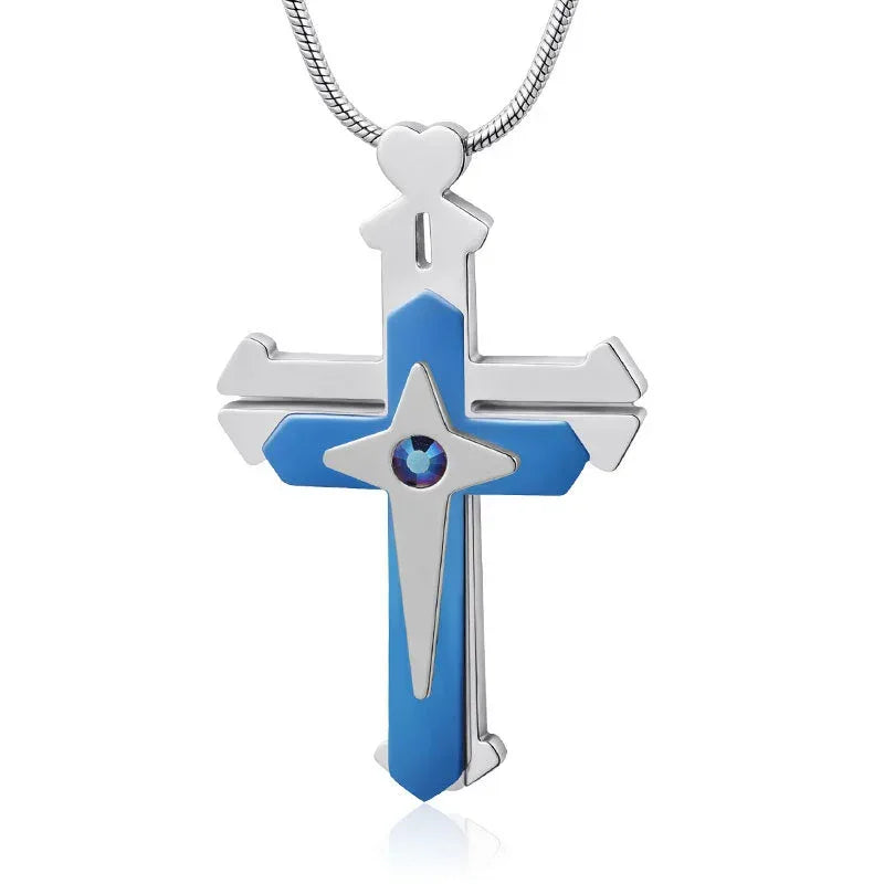 Audara Titanium Steel Fidget Necklace | 3-Layer Rotatable Cross Pendant | Stress Relief | Blue/Black/Yellow Blue Cross