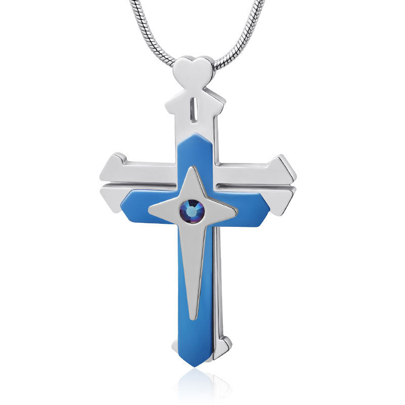 Collier anti-stress Audara avec pendentif croisé interactif en acier inoxydable titane à 3 couches et cliquet (Bleu/Noir/Jaune)