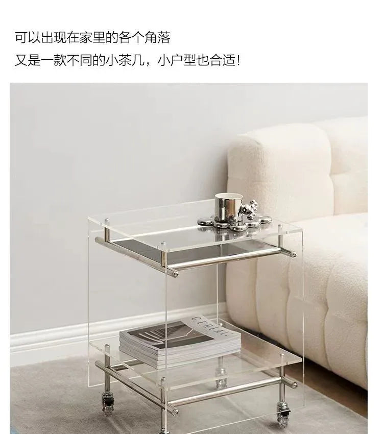 Audara-中古风亚克力不锈钢推车边几沙发透明置物架主卧可移动床头柜