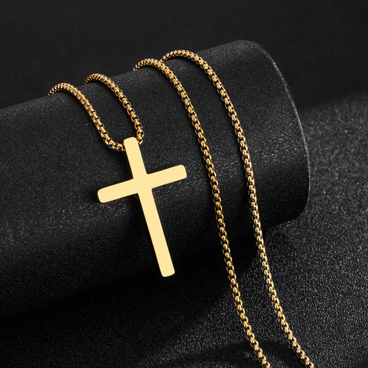 Audara Minimalist Smooth-Finish Perforated Cross Necklace | 316L Stainless Steel with Vacuum Plating for Long-Lasting Colour | European and American Hip-Hop Style Men’s Long Chain Necklace (Steel/Gold/Black) Gold