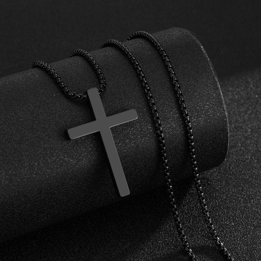 Audara Minimalist Smooth-Finish Perforated Cross Necklace | 316L Stainless Steel with Vacuum Plating for Long-Lasting Colour | European and American Hip-Hop Style Men’s Long Chain Necklace (Steel/Gold/Black) Black