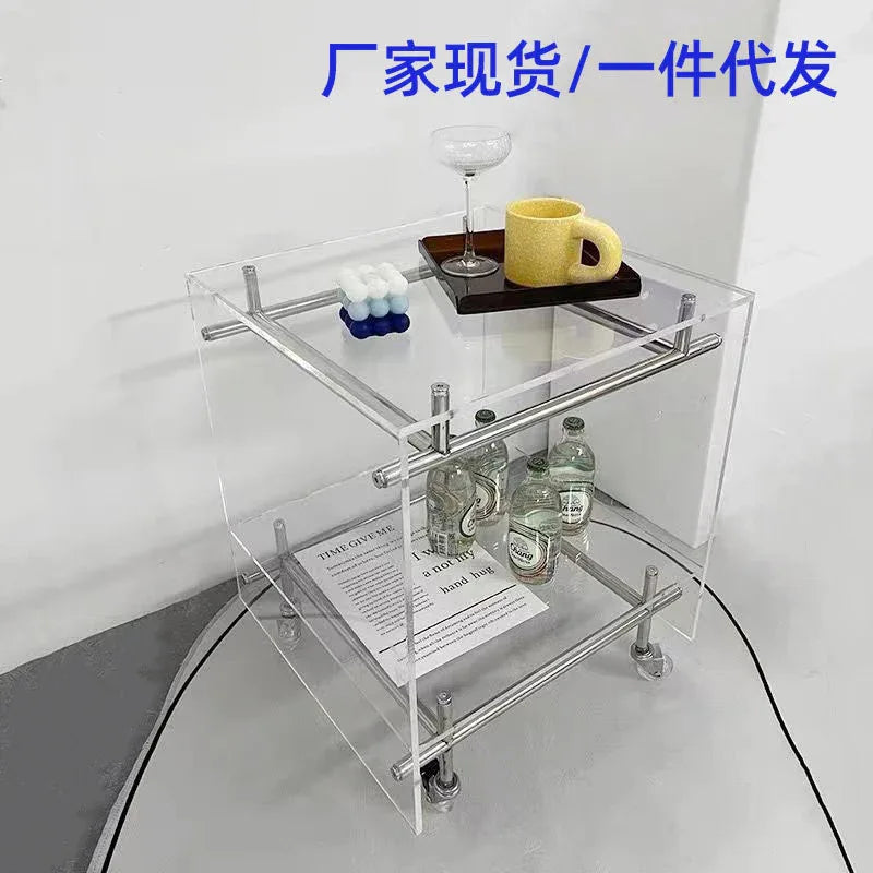 Audara-中古风亚克力不锈钢推车边几沙发透明置物架主卧可移动床头柜 透明（带轮））+装饰板