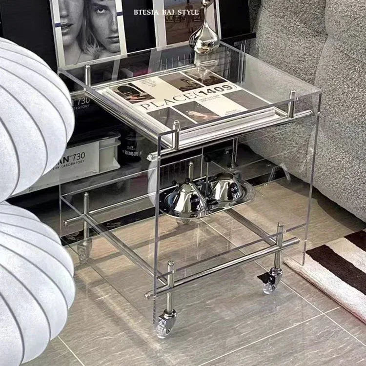 Audara-中古风亚克力不锈钢推车边几沙发透明置物架主卧可移动床头柜