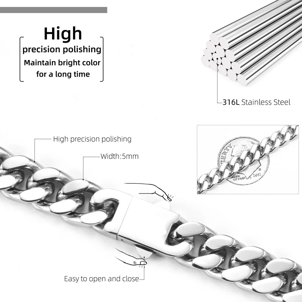 Audara – European and American Hip-Hop Style Stainless Steel Miami Cuban Chain Necklace/Bracelet | Unisex, Water-Resistant, Fade-Resistant Chunky Chain | Available in Multiple Widths and Lengths (5mm/7mm/9mm)