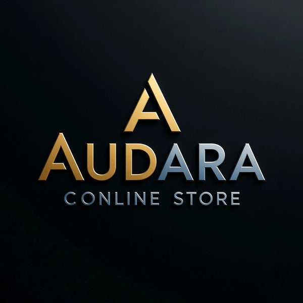 Stylish metallic 3D logo with gold and silver lettering reading 'AUDARA CONLINE STORE' on a dark background.